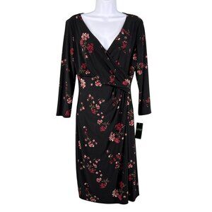 Lauren Ralph Lauren NWT Womens 10 Black Floral Long Sleeve Wrap Ruched Dress